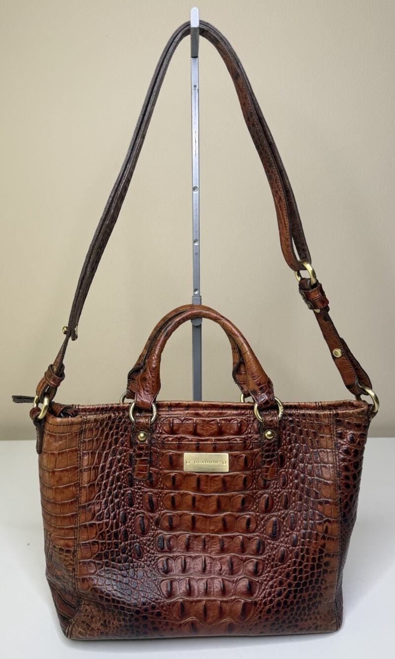 Brahmin Mini Asher Handbag Brown Embossed Croc Leather Zip Dual Handles Satchel